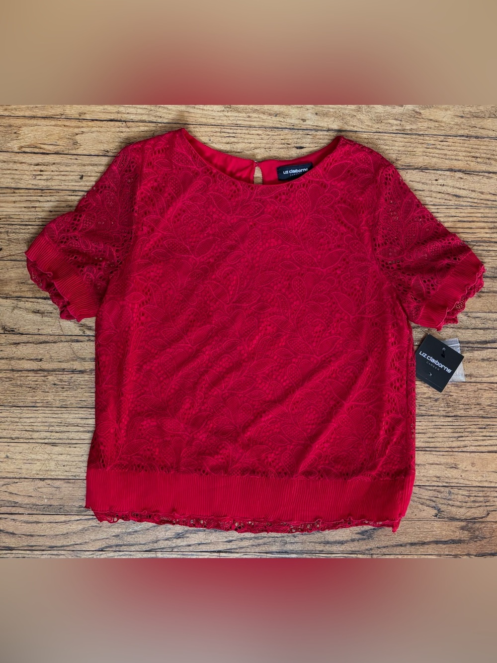 New With Tags Liz Claiborne Cabaret Red Lace Cropped Blouse Shirt Size Small